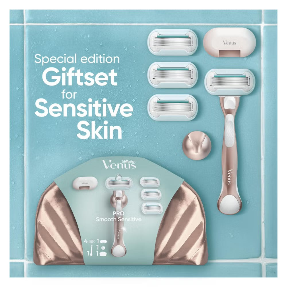 Gillette Venus Pro Smooth Sensitive Razor, 4 Razor Blades, Shower Hook & Travel Bag
