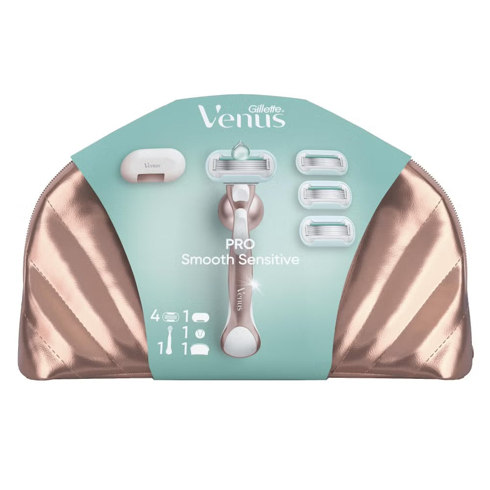 Gillette Venus Pro Smooth Sensitive Razor, 4 Razor Blades, Shower Hook & Travel Bag